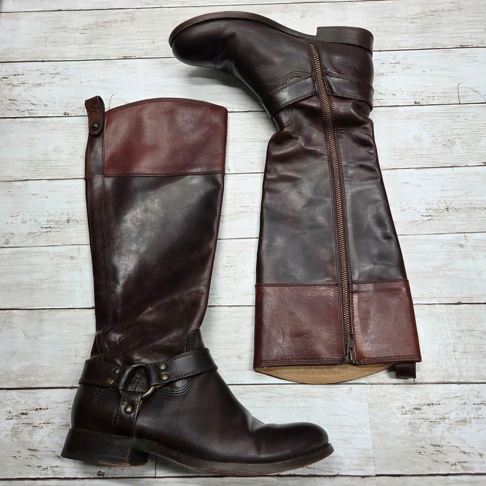Frye Harness Riding Boots Women 7.5B Brown Two Tone Leather Side Zip